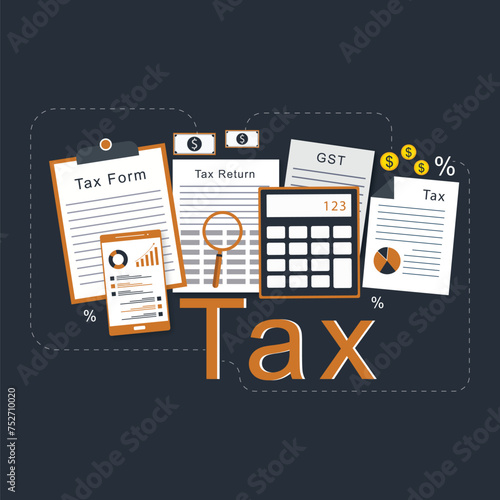 Taxes illustration set. Taxation planning concept.Characters fill out a tax declaration, calculate the amount of taxes paid, pay taxes. Vector illustration