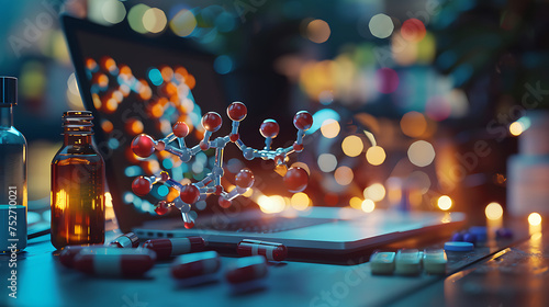 Pharmaceutical advances in drug development visualized through a molecular model on a laptop next to food-grade samples. Generative AI illustration 
 photo