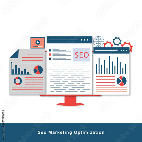 SEO analytics - Web browser window with search engine optimisation graphs, charts and diagrams showing growth and positive results. Semi flat design vector illustration 