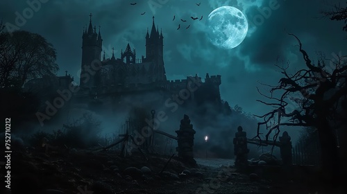 At night, a graveyard shifts into a castle amidst spooky darkness, with a full moon and bats on a dead tree. Depicts a Halloween banner with high-definition and intricate detail.