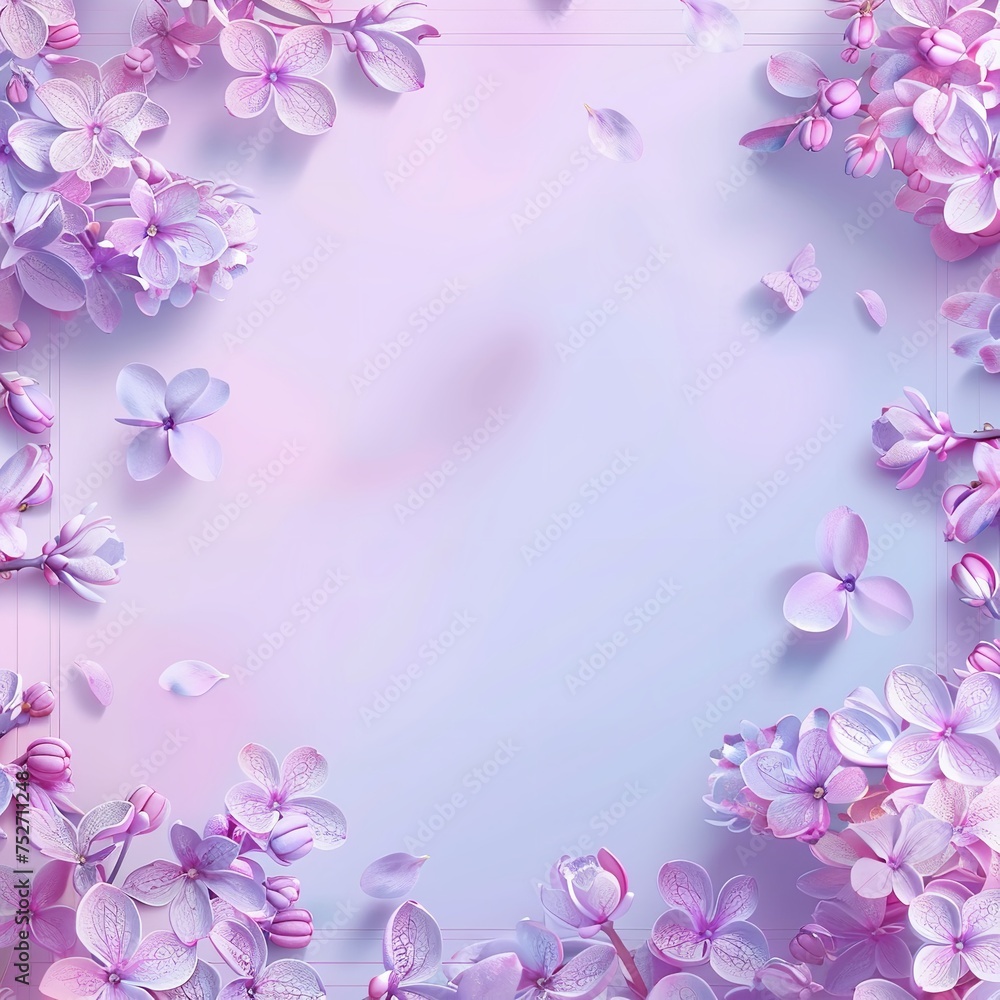 Beautiful Wide Angle soft spring background with lilac flowers. Panoramic pastel floral pink and purple template Web banner. greeting card with Copy Space. Illustration for Albums, notebooks