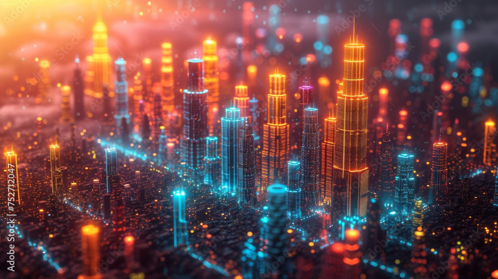 An informative infographic that presents the stock markets performance through a colorful futuristic cityscape. The buildings each representing a different industry or company - obrazy, fototapety, plakaty 