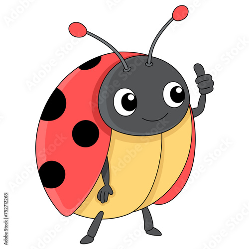illustration of a doodle cartoon animal logo, a red ladybug insect showing a thumbs up