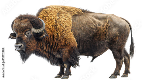 American bison isolated on white background, side view of a standing buffalo.