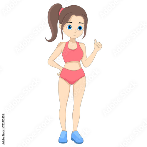 cartoon doodle illustration of people activities, young girl is doing aerobics by giving a thumbs up