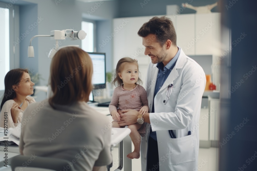 Pediatrician examining child, mother and sibling present, friendly atmosphere. Pediatrician examining child, mother and sibling present, friendly atmosphere.
