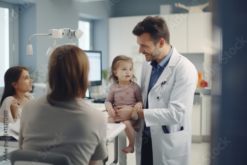 Pediatrician examining child  mother and sibling present  friendly atmosphere.