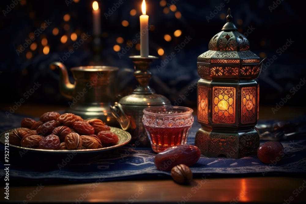 Obraz premium Lantern that have moon symbol on top and small plate of dates fruit with night sky and city bokeh light background for the Muslim feast of the holy month of Ramadan Kareem.