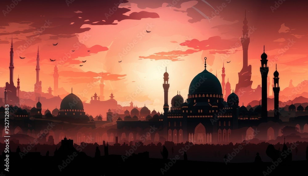 Fototapeta premium Mosque sunset sky, moon, holy night, islamic night and silhouette mosque.