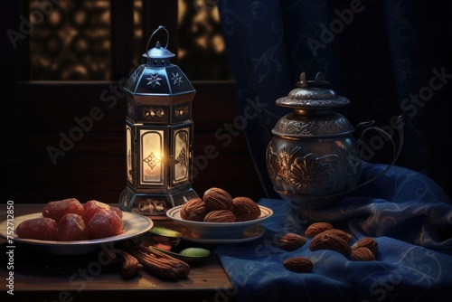 Lantern that have moon symbol on top and small plate of dates fruit with night sky and city bokeh light background for the Muslim feast of the holy month of Ramadan Kareem.