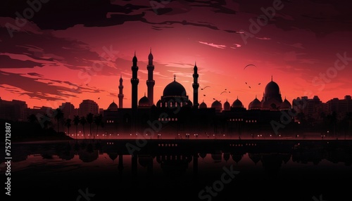 Mosque sunset sky, moon, holy night, islamic night and silhouette mosque.
