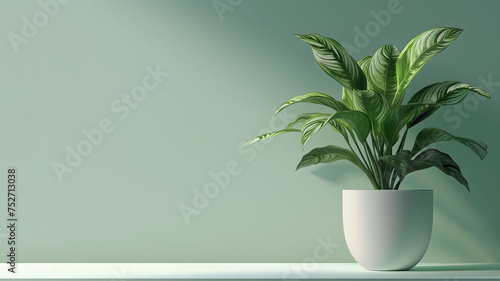 Dieffenbachia plant in a white pot on a green background, Minimal room for text, copy space
