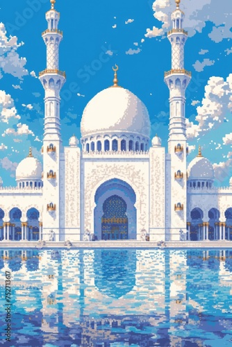 Mosque with blue sky scenery background in pixel art style
