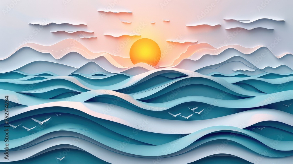 Layered paper scene of intricate paper-cut ocean scene Layered paper scene of intricate paper-cut ocean scene