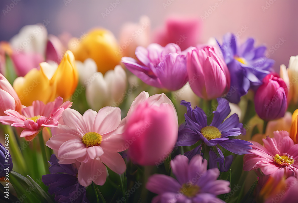 Obraz premium Colorful spring flowers background with soft focus, featuring tulips and daisies in pink, purple, and yellow hues.