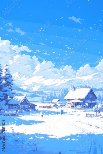 winter season with blue sky scenery background in pixel art style © akimtan