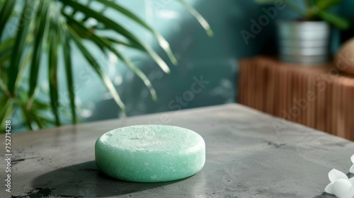 Spa product  a round handmade herbal soap on the table  mint color soap  high-angle view  natural lighting  spa room environment  spa concept. Skin product mockup scene. Cosmetic product