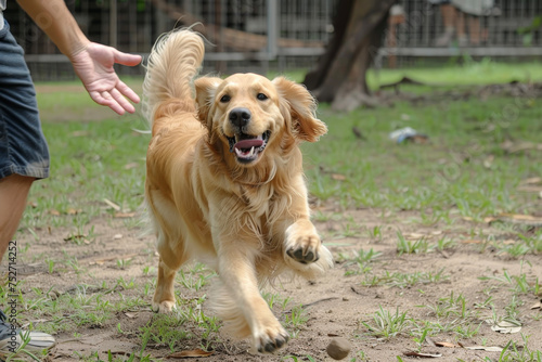 A dog smiling and wagging its tail while playing fetch with its owner