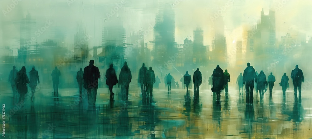 business team meetings, in the style of fleeting light contrasts, blurred abstract forms, dark teal and beige, interior scenes and reflections business team meetings, in the style of fleeting light contrasts, blurred abstract forms, dark teal and beige, interior scenes and reflections