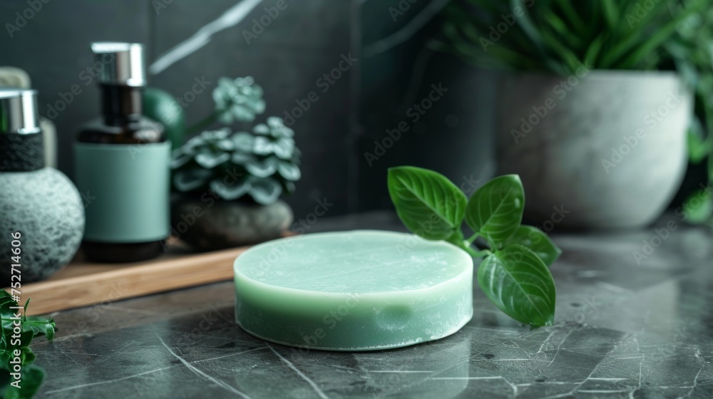 Spa product: a round handmade herbal soap on the table, mint color soap, high-angle view, natural lighting, spa room environment, spa concept. Skin product mockup scene. Cosmetic product