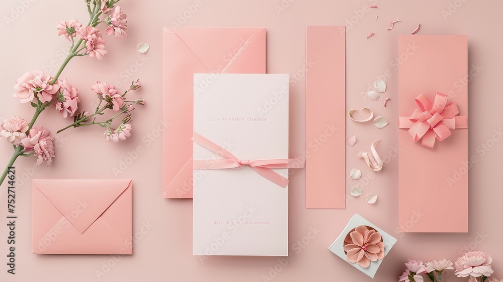 Flat lay of vintage gift box of Kraft eco paper with flower frame wreath on pink background, top view with copy space, generative ai
