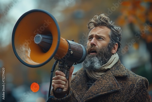 self confiden bearded businessman shouting into megaphone in outdoors business environment, blured background photo