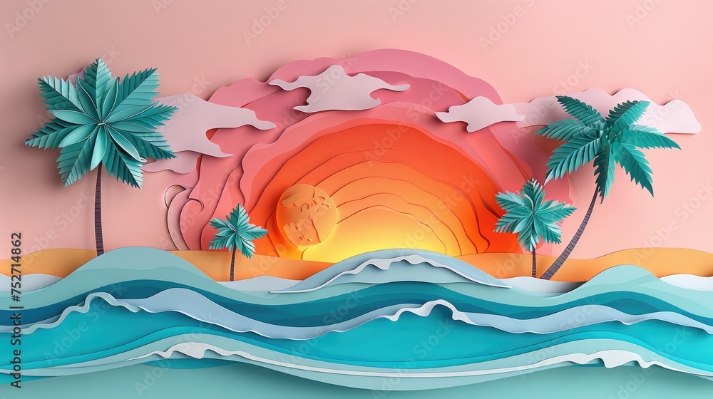 colorful beach at sunset 3d paper art layered paper