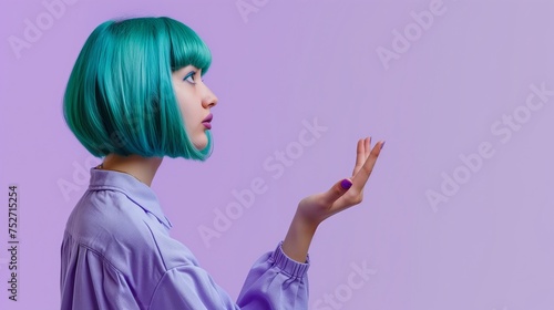 A teal-haired bob lady gestures toward an unseen marvel  isolated on a solid lavender background.