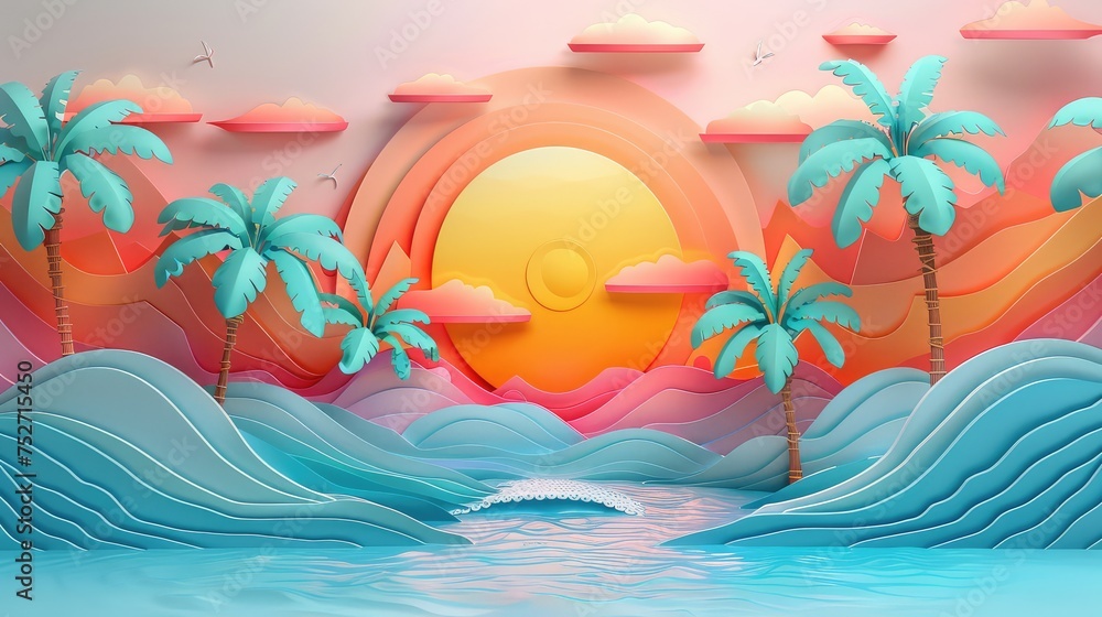 3d papercuts traditional argentinian sun, beach - obrazy, fototapety, plakaty 