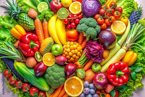 Healthy Eating: A colorful image of fresh fruits and vegetables arranged in a visually appealing manner, promoting the concept of healthy eating and nutrition. © No