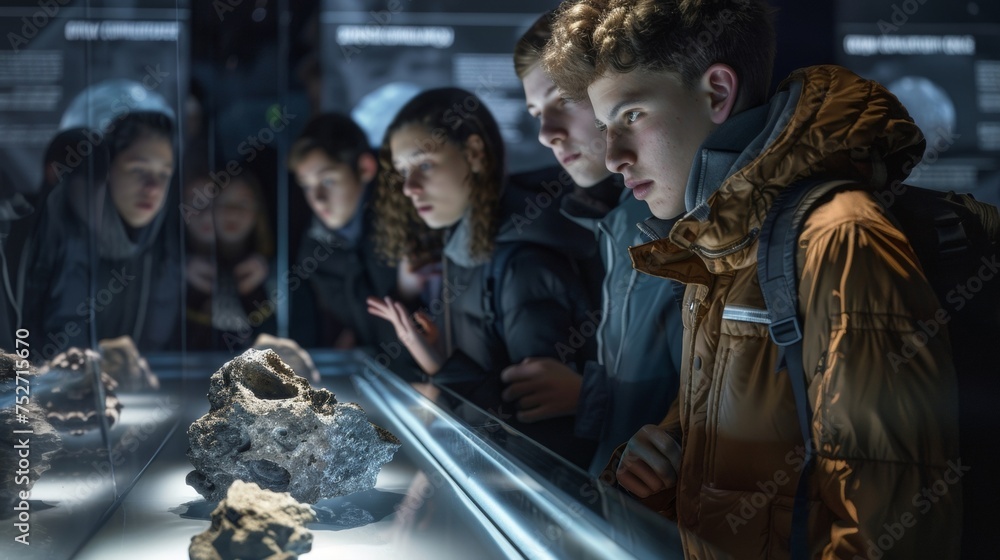 A group of students huddle around a display of meteorites their eyes wide with fascination as a guide explains the origins of these objects from outer space.