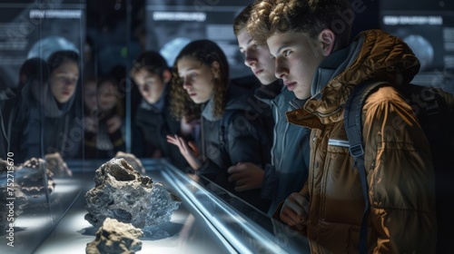 A group of students huddle around a display of meteorites their eyes wide with fascination as a guide explains the origins of these objects from outer space. © Justlight