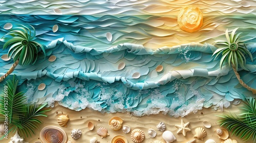 a serene oasis by crafting a stunning paper art representation of a beautiful beach bathed in the warm glow of daytime