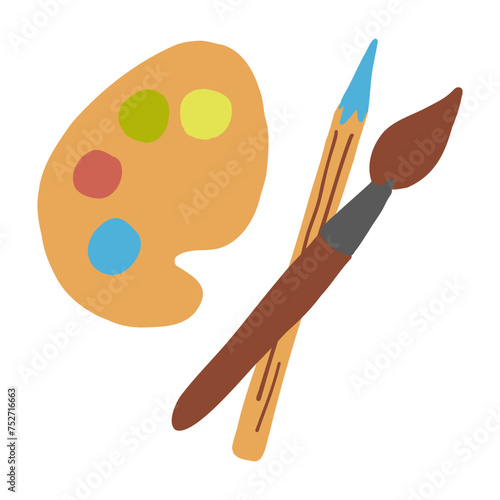 Color art palette with pencil, brush tools for drawing flat vector icon isolated on white, decorative sign artistic equipment, acrylic paints for design pattern, advertising, web