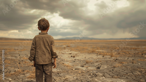 A boy looking at a barren land