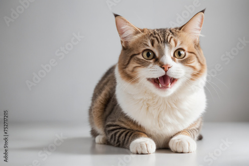 Happy cat sitting and open mouth smiling in gray background.
