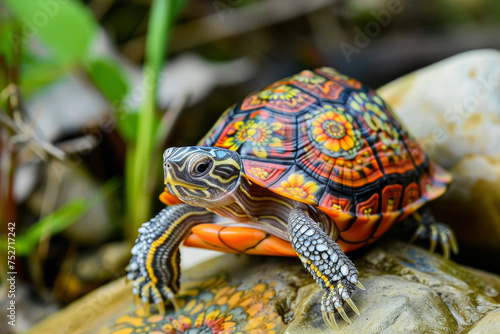 A friendly turtle, shell adorned with colorful patterns, raises its tiny legs.