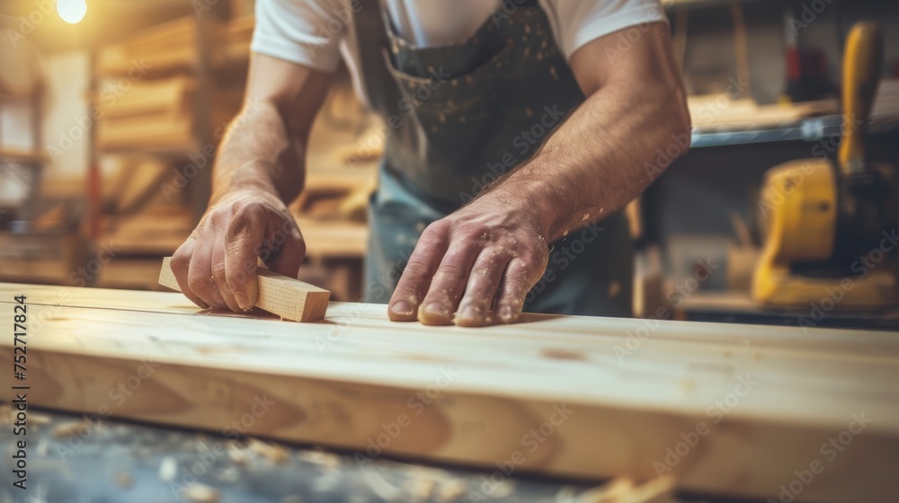 man owner a small furniture business is preparing wood for production. carpenter male is adjust wood to the desired size. architect, designer, Built-in, professional wood, craftsman, workshop. man owner a small furniture business is preparing wood for production. carpenter male is adjust wood to the desired size. architect, designer, Built-in, professional wood, craftsman, workshop.