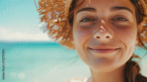 closeup shot of a good looking female tourist. Enjoy free time outdoors near the sea on the beach. Looking at the camera while relaxing on a clear day Poses for travel selfies smiling happy tropical #752717845