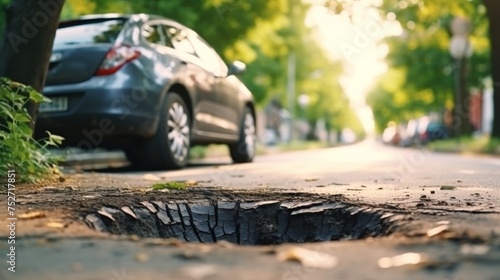 car wheels running and closed up Very bad quality street with potholes. have tree. Damaged asphalt pavement road with potholes in city, dangerous, broken, garage