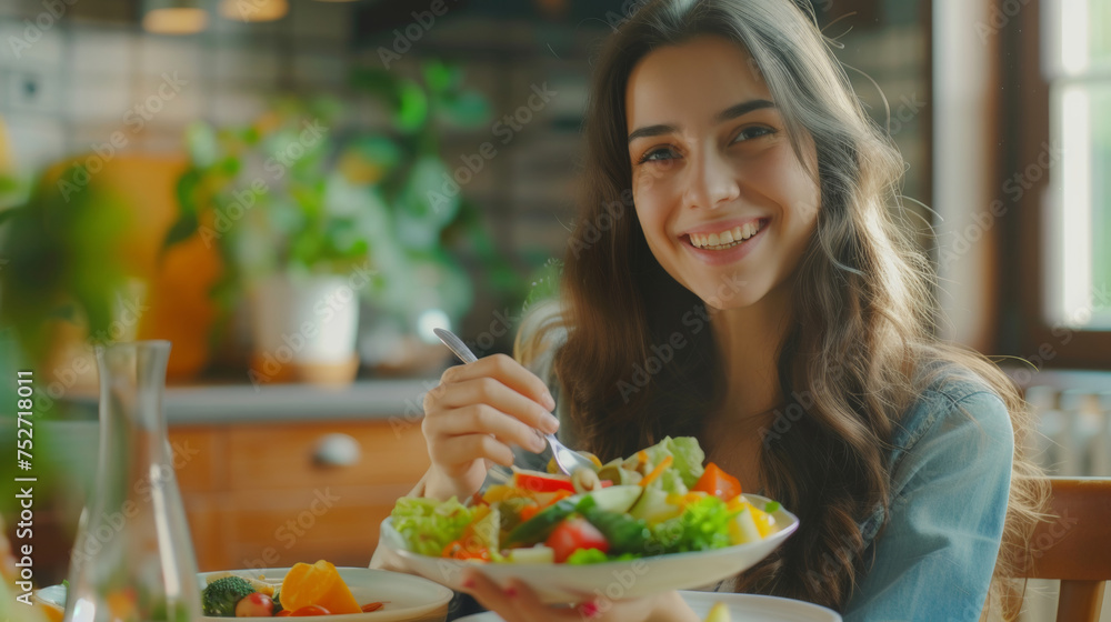 Diet, Dieting. Beautiful woman eat salad for weight loss, slim, good health. Female enjoy with nutrition, almonds, avocado, tomatoes, organic vegetable. Nutritionist healthy food. keto, vegetarian Diet, Dieting. Beautiful woman eat salad for weight loss, slim, good health. Female enjoy with nutrition, almonds, avocado, tomatoes, organic vegetable. Nutritionist healthy food. keto, vegetarian