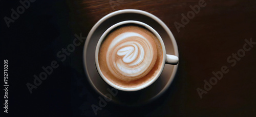 Ai generated, generative Ai, directly above a coffee cup assortment with creative foam art, cappuccino, mocha, latte with frothy foam, hot coffee, milk foam, flat lay in dark background