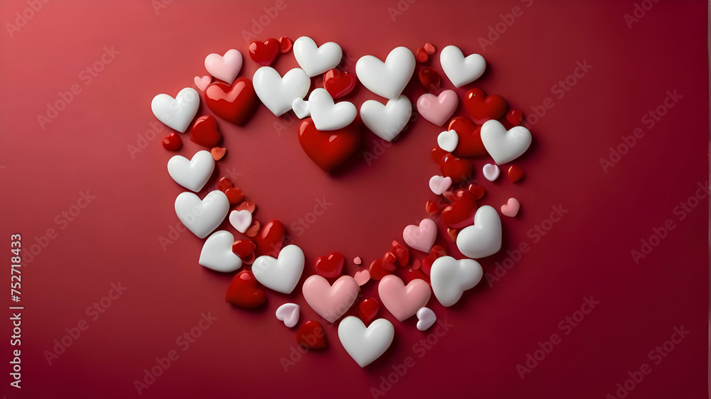 Romantic concept for Valentine's Day, red, white and pink hearts forming a frame on the red background. Top view with ample space for text