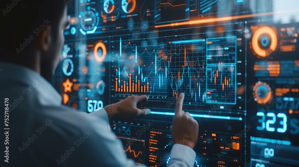 A rising chart on a digital display depicting the growth of AI's impact in marketing with a satisfied professional looking at the results,, AI Generative A rising chart on a digital display depicting the growth of AI's impact in marketing with a satisfied professional looking at the results,, AI Generative