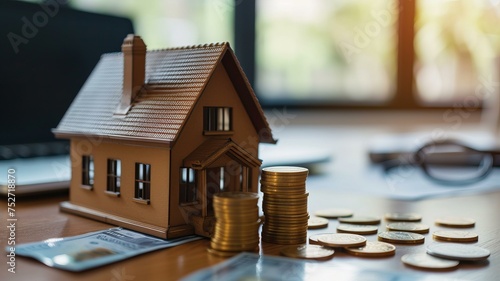 Home lone. mini house model with stack coin on desk in real estate office, AI Generative