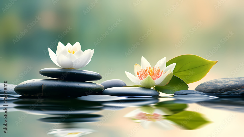 Soothing zen background with pebbles and flowers Soothing zen background with pebbles and flowers