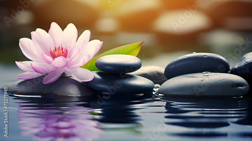 Soothing zen background with pebbles and flowers