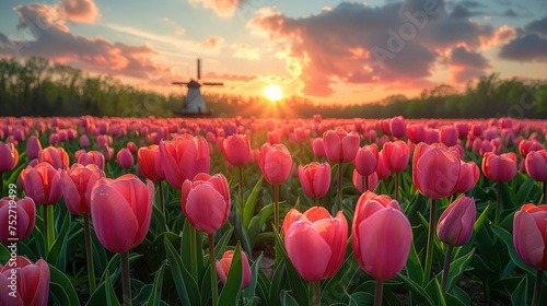 Windmill in Holland Michigan - An authentic wooden windmill from the Netherlands rises behind a field of tulips in Holland Michigan at Springtime. High quality photo. High quality photo #752719499