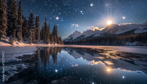 The moon rises over a serene mountain lake, reflecting on the water amid a tranquil snowy landscape under a starry sky © Seasonal Wilderness