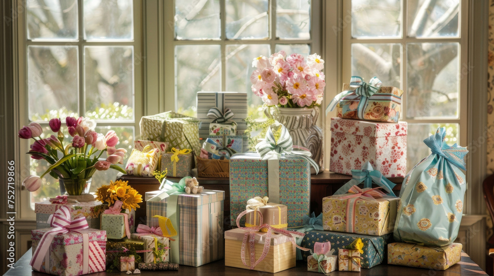 A table filled with various boxes and bags all decorated with springtime designs and filled with carefully selected and wrapped gifts waiting to be od by grateful mothers. - obrazy, fototapety, plakaty 